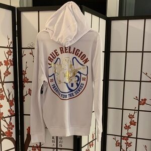 True Religion White Hoodie with Gold and Blue Accents